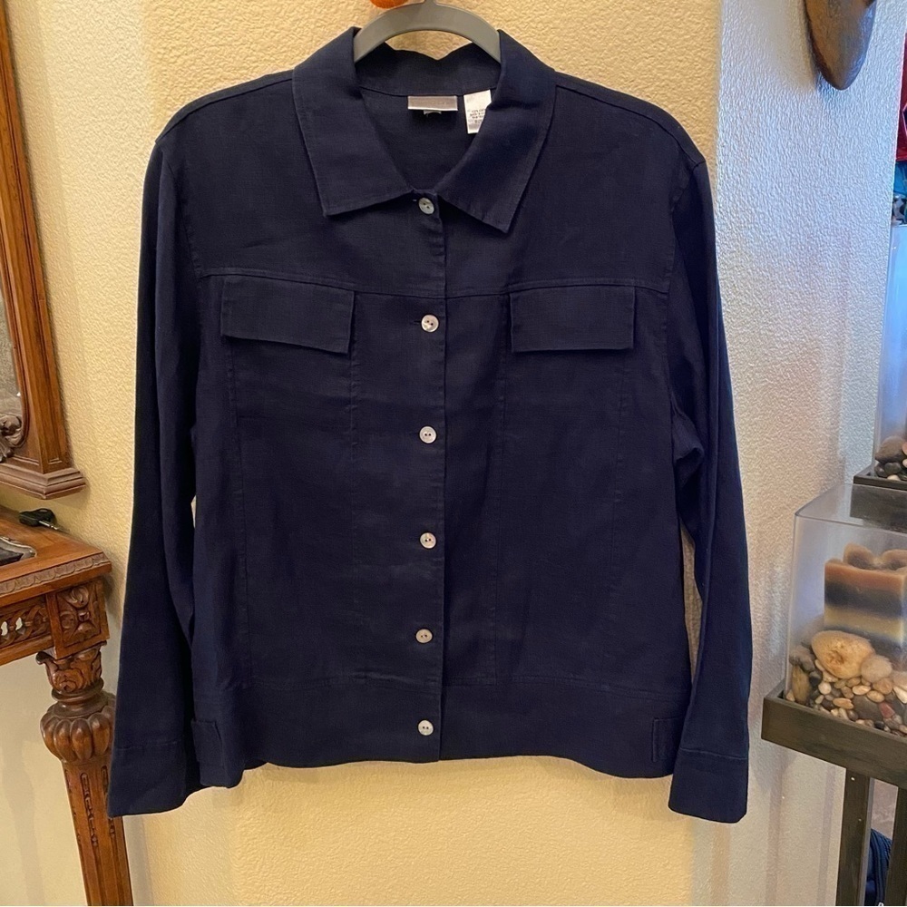 CHICO’S Women Navy 100% Linen Light Jacket Size 2 (Large)